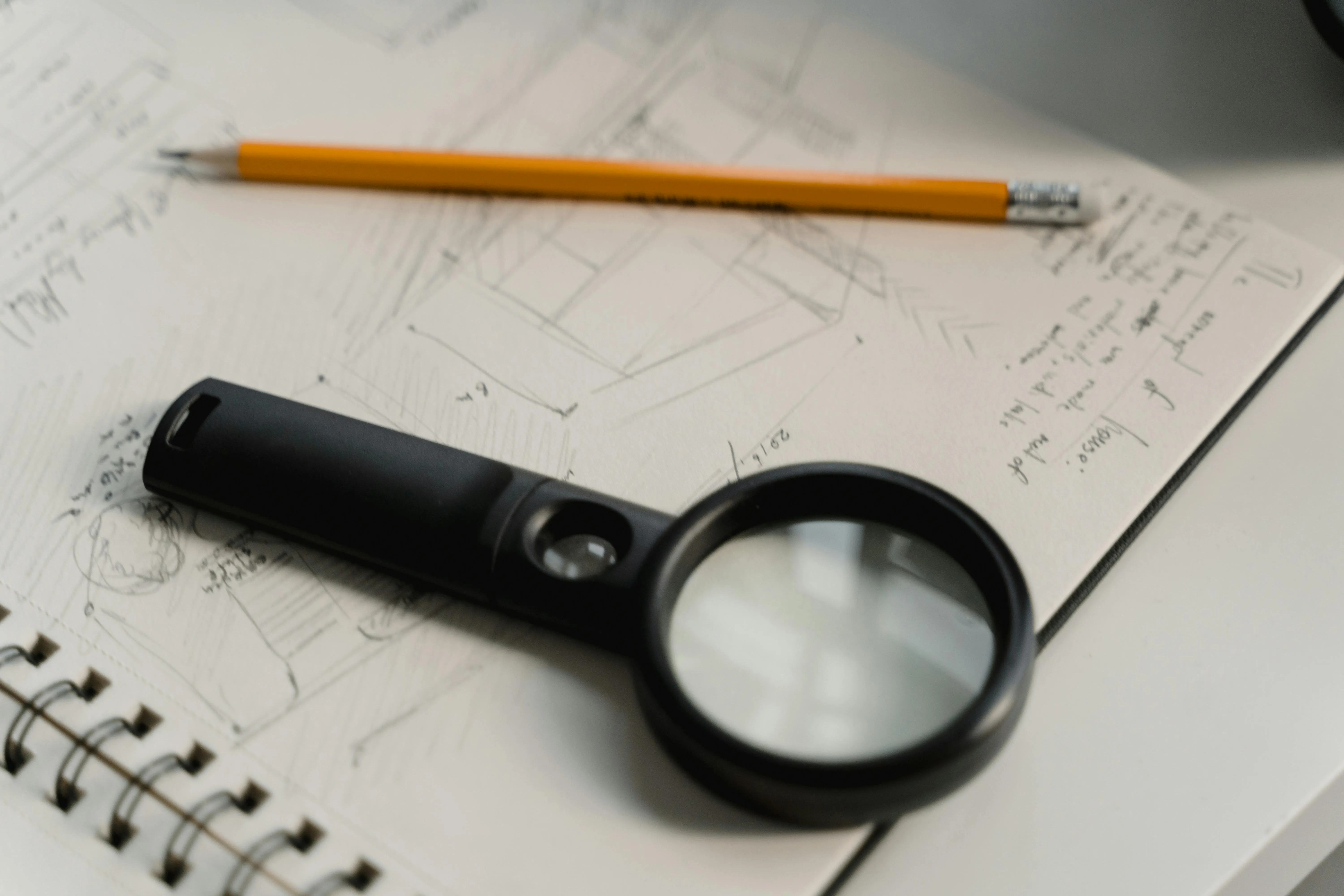 magnifying glass beside a wooden pencil placed on top of an architectural drawing