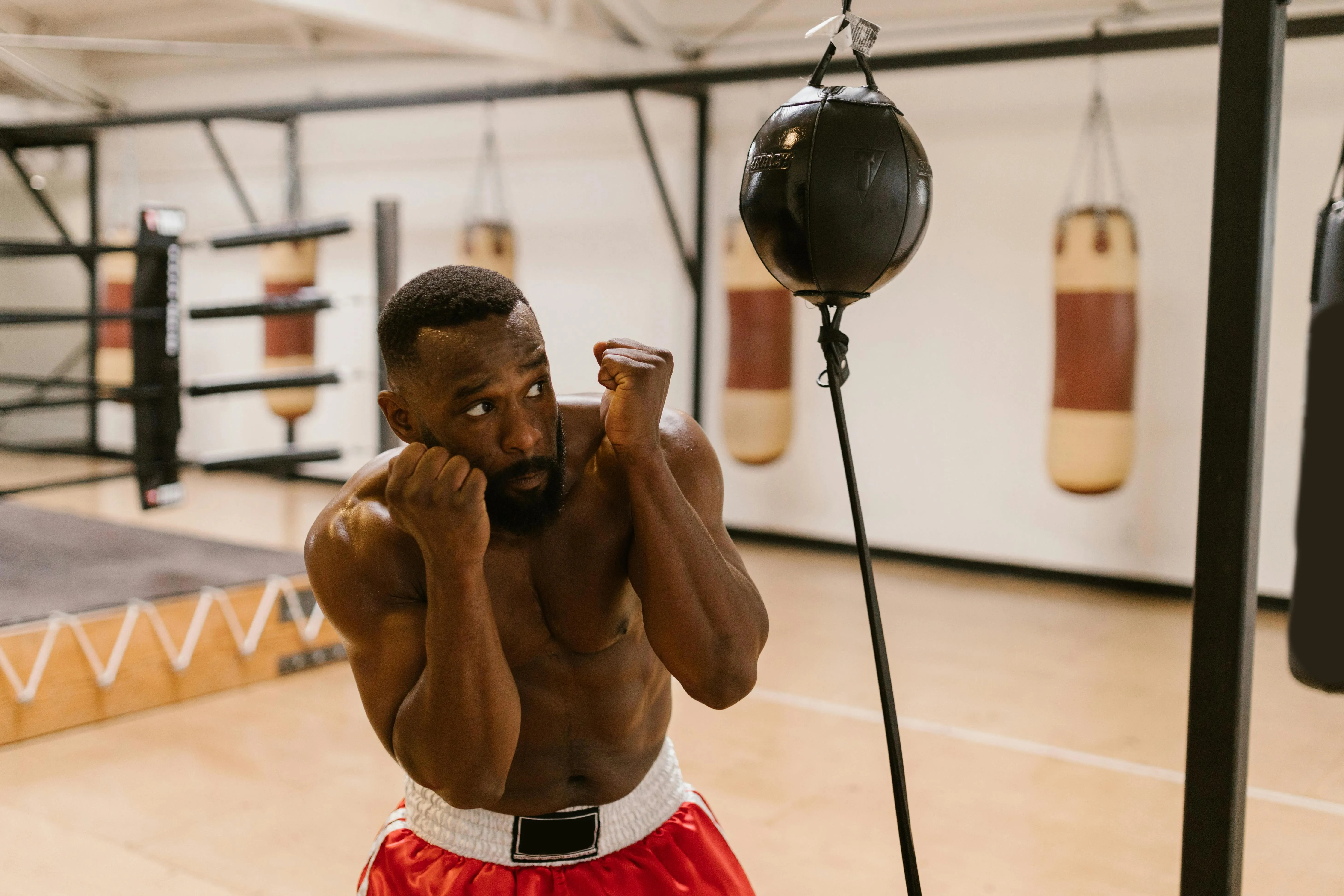 A boxer practicing speed training on a black traditional double-end bag in a gym.