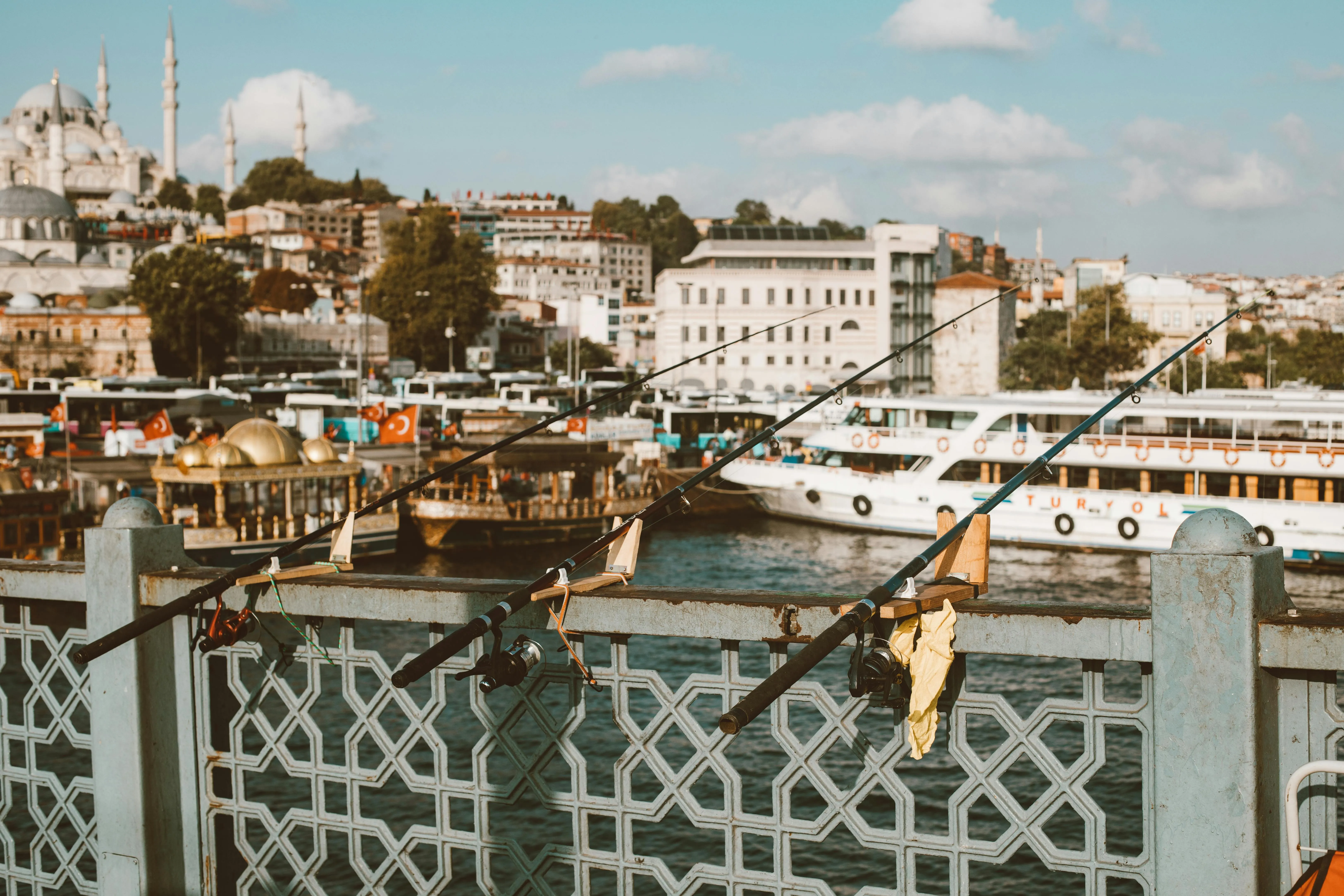 On a metal railing there are three fishing rods and the city can be seen in the background.