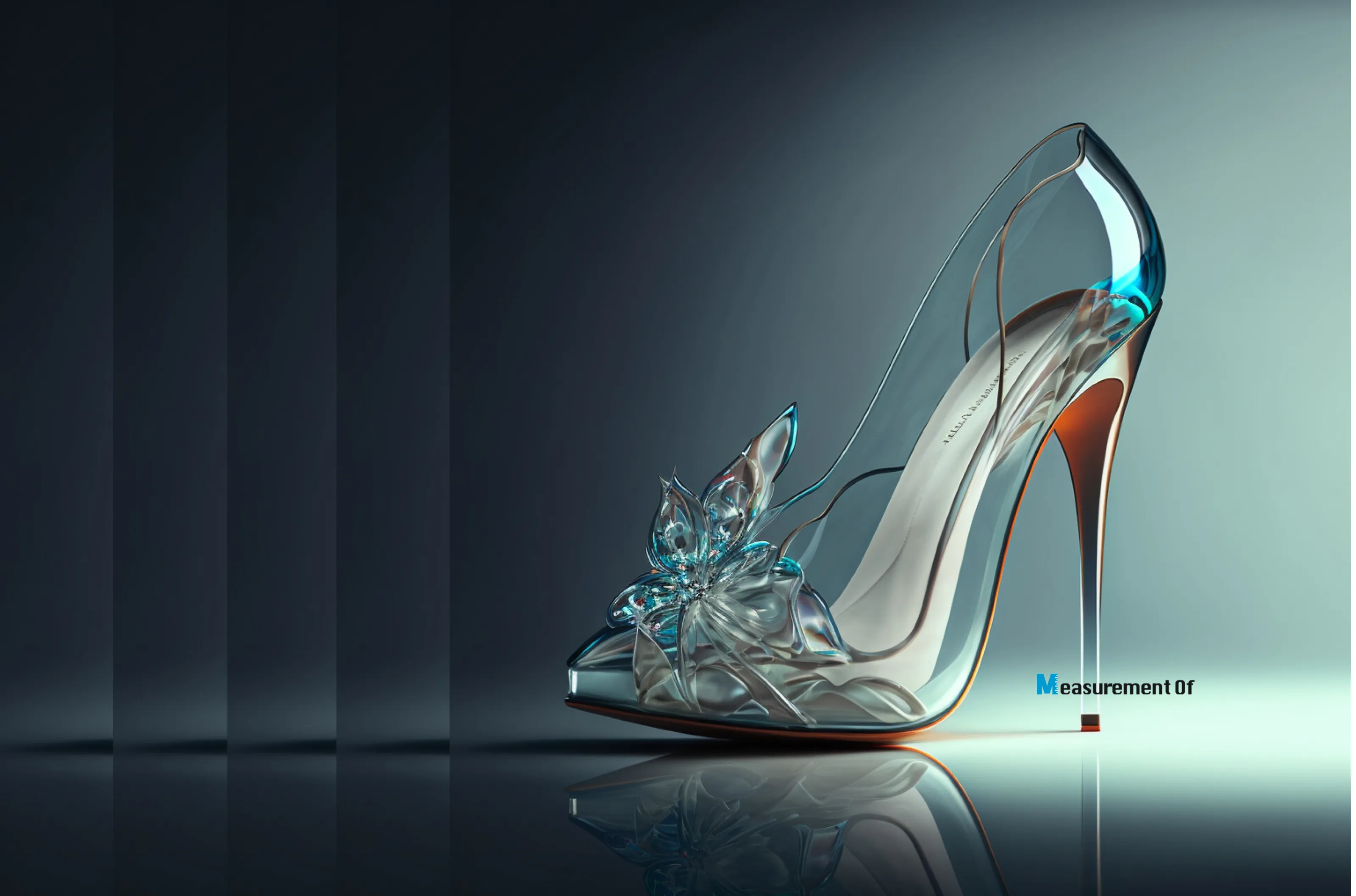 A glass stiletto pump with a flowery bow in close-up view with dramatic spotlight