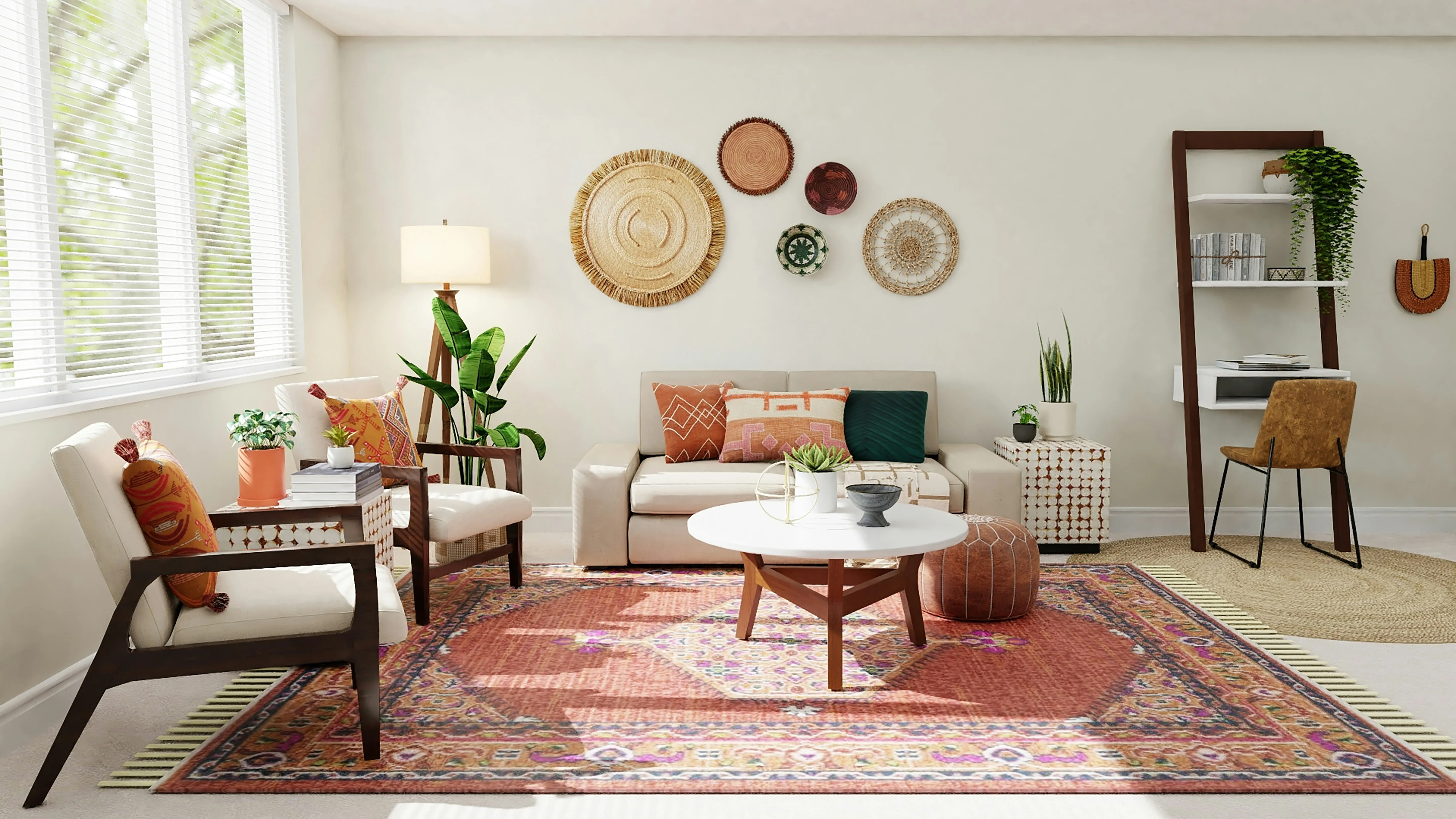 A vibrantly colored rug with a distinctive design can be seen on the floor of a stylish drawing room. The room also contains a few additional items, including chairs, a tea table, lamps, houseplants, etc. Also ther is a second circular rug.