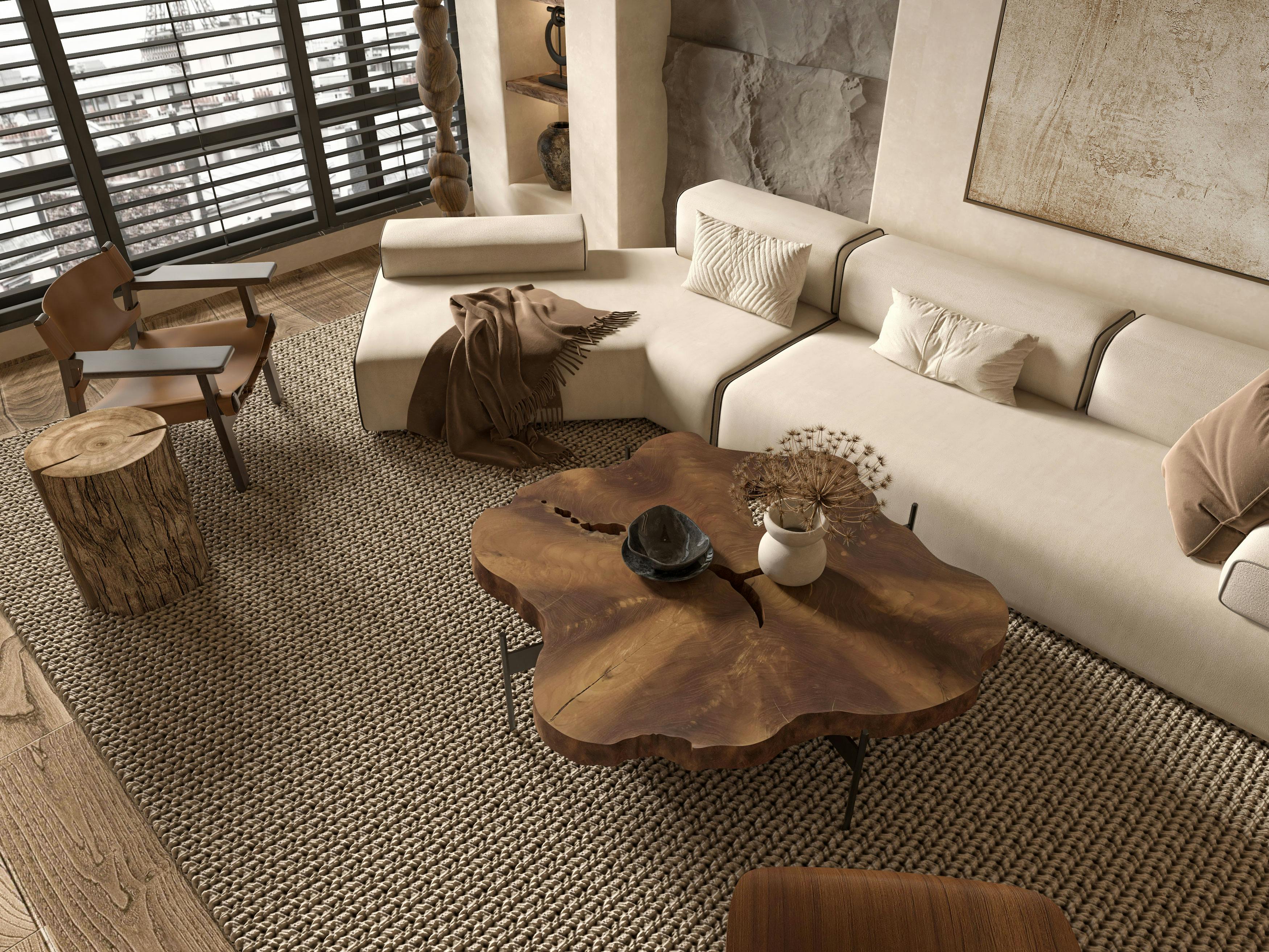 A brown colored Wooven rug in a living room